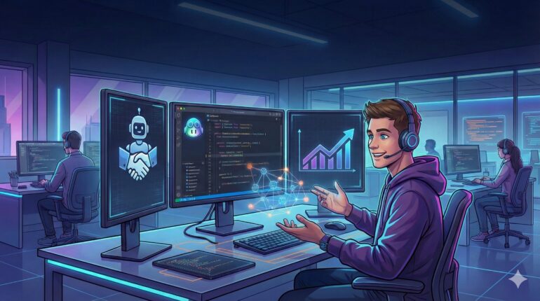 Cyfrowa ilustracja przedstawiająca młodego, białego junior developera siedzącego przy stanowisku z trzema monitorami w nowoczesnym biurze. Programista ma na sobie bluzę i słuchawki, uśmiecha się patrząc na ekrany. Na monitorach widoczny jest edytor kodu, wykresy wzrostu technologii oraz ikona robota symbolizująca asystenta AI. Całość utrzymana w futurystycznej, niebiesko-fioletowej kolorystyce z holograficznymi akcentami danych.