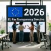 Nowoczesne, jasne biuro typu software house, w którym pracownicy rozmawiają przed dużym ekranem wyświetlającym rok 2026, emblemat Unii Europejskiej oraz napis dotyczący dyrektywy o jawności płac (EU Pay Transparency Directive).