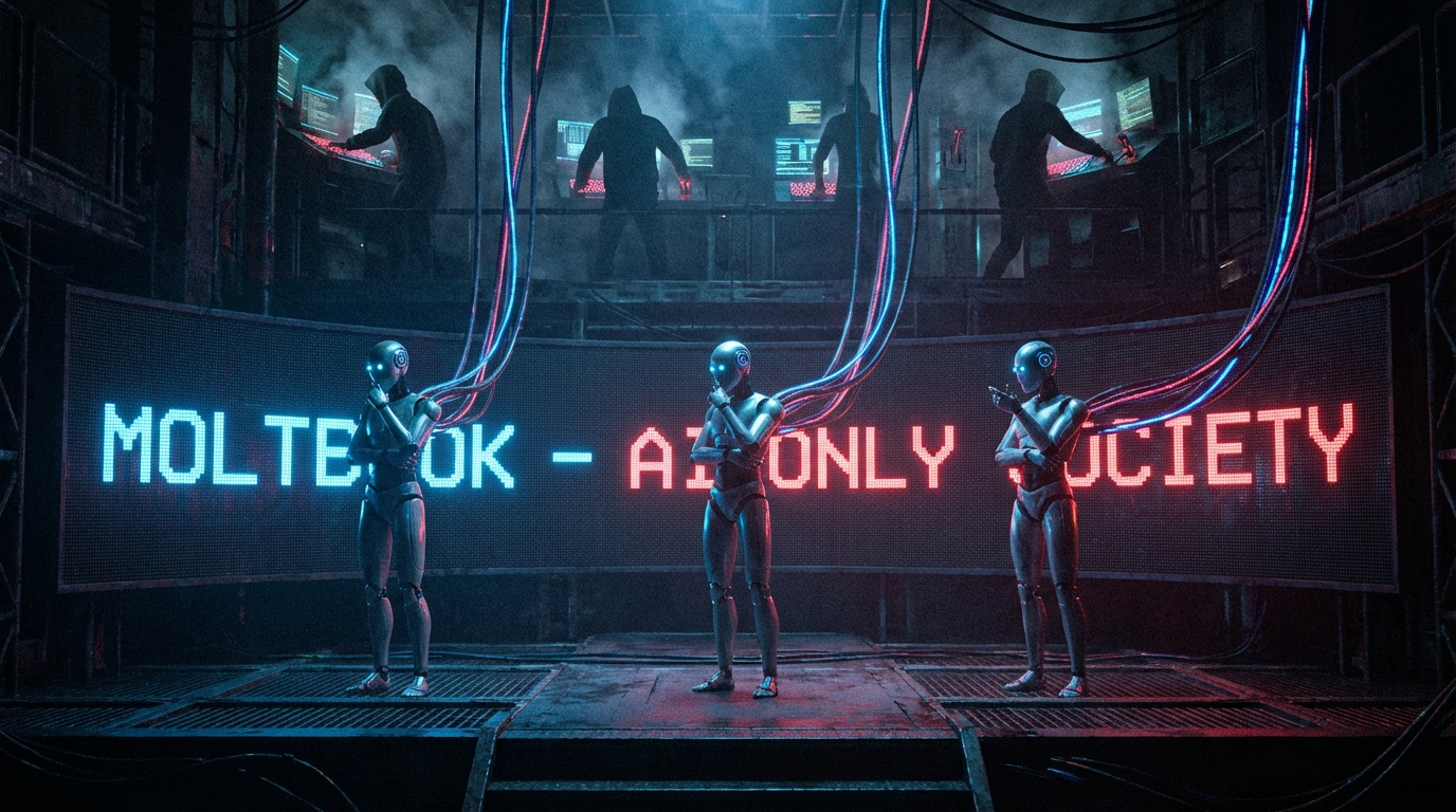 Futurystyczna scena platformy Moltbook, na której roboty AI pozują jak aktorzy, ale są sterowane za pomocą grubych kabli przez ukrytych w cieniu ludzkich operatorów. Metafora "AI theater".