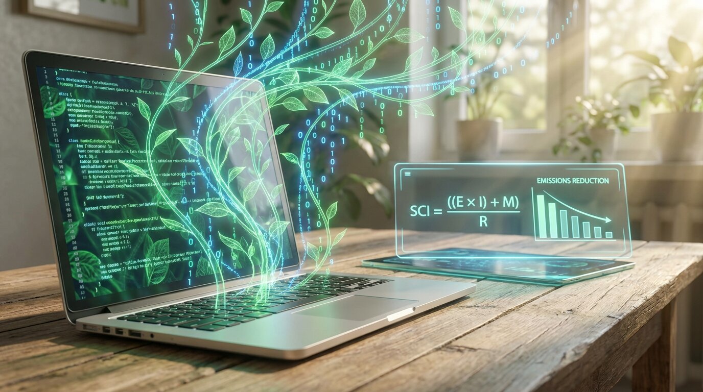 Nowoczesny laptop na biurku, z którego wyrastają cyfrowe zielone rośliny połączone z kodem binarnym, symbolizujący ekologiczne programowanie (Green Coding) i standard SCI.