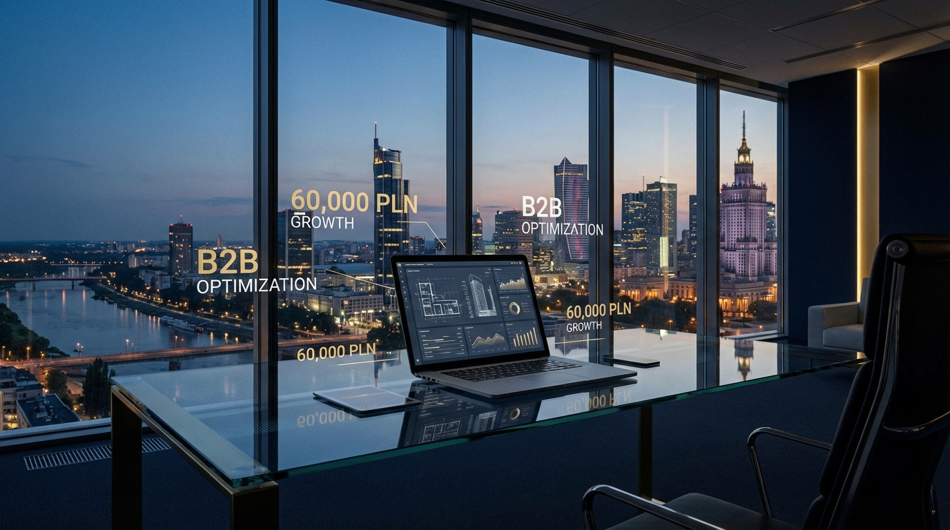 Nowoczesne biuro architekta IT z widokiem na panoramę miasta, prezentujące wykresy wzrostu wynagrodzeń oraz symboliczne dane o zarobkach 60 000 zł na kontraktach B2B.