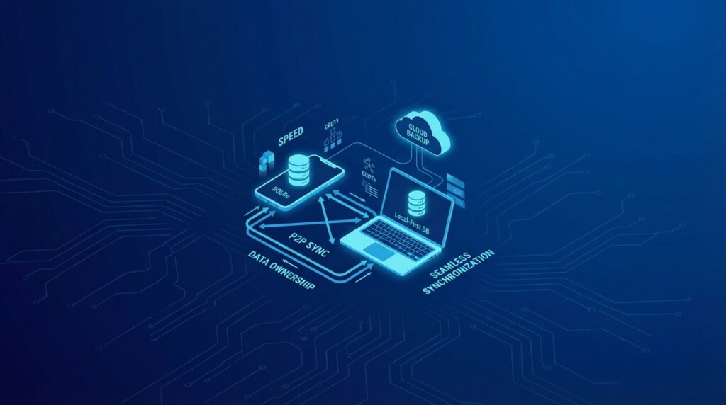Ilustracja koncepcyjna architektury Local-First Software przedstawiająca laptop i smartfon bezpośrednio synchronizujące dane między sobą bez stałego udziału chmury, z widocznymi węzłami technologii CRDT i symbolem bazy danych SQLite.