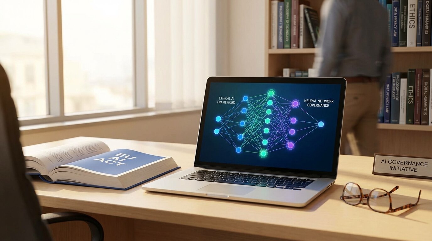Nowoczesne biurko z laptopem wyświetlającym analizę danych sieci neuronowej, obok którego leży wydrukowany dokument unijnego aktu o sztucznej inteligencji (AI Act). Obraz symbolizuje połączenie kompetencji humanistycznych z nowoczesną technologią w zawodzie audytora AI.