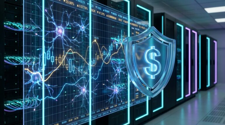 Grafika przedstawiająca nowoczesny dashboard analityczny z wykresami finansowymi nałożonymi na schemat sieci neuronowej w serwerowni, symbolizująca dyscyplinę FinOps AI i optymalizację wydatków na infrastrukturę chmurową.