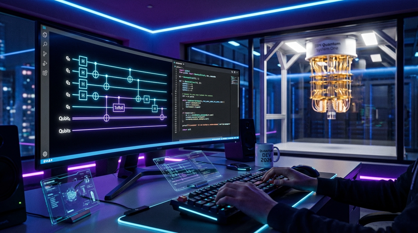 Programista pracujący nad kodem Qiskit na nowoczesnym monitorze, w tle widoczny futurystyczny schemat procesora kwantowego w barwach neonowego błękitu i fioletu.