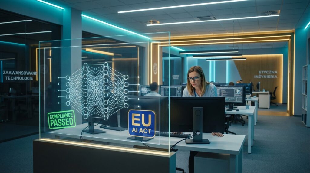 Pracownik biurowy analizujący zabezpieczenia i zgodność systemów sztucznej inteligencji z przepisami EU AI Act na nowoczesnym ekranie z hologramami certyfikacji.