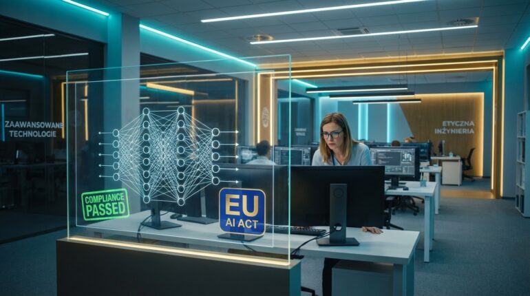 Pracownik biurowy analizujący zabezpieczenia i zgodność systemów sztucznej inteligencji z przepisami EU AI Act na nowoczesnym ekranie z hologramami certyfikacji.