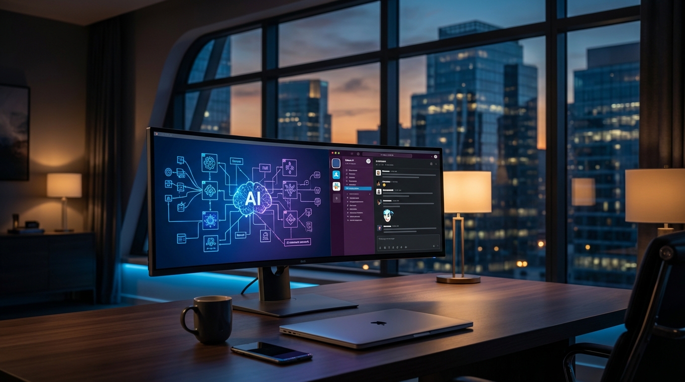 Nowoczesne stanowisko pracy zdalnej z monitorem wyświetlającym architekturę systemów AI i komunikatory, symbolizujące pracę Fractional CTO dla wielu klientów jednocześnie.