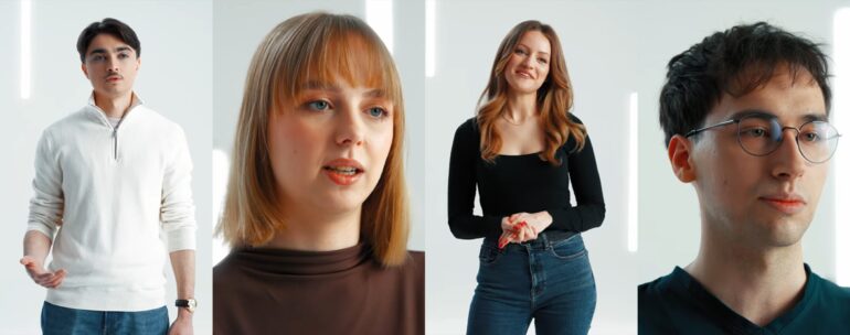 Młoda osoba z uśmiechem korzystająca z laptopa, w tle logotyp Let's Orange oraz postać robota Orina – grafika promująca innowacyjne praktyki w Orange Polska.