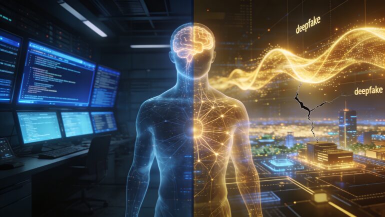 Grafika koncepcyjna przedstawiająca ewolucję cyberbezpieczeństwa: przejście od tradycyjnego monitorowania logów w centrum operacyjnym (SOC) do nowoczesnej odporności cyfrowej (Cyber-Resilience) odpornej na ataki deepfake i zautomatyzowane systemy hakerskie AI.