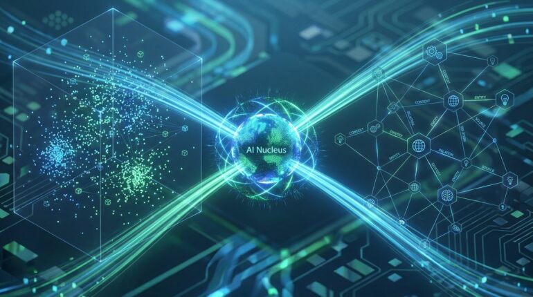 Schemat technologiczny przedstawiający architekturę Graph RAG: centralny węzeł sztucznej inteligencji połączony z trójwymiarową bazą danych wektorowych oraz grafem wiedzy, symbolizujący nowoczesne systemy zarządzania danymi dla LLM w 2026 roku.