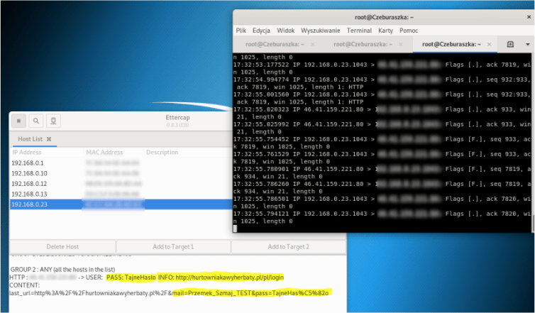 sniffer - podsłuchiwanie ruchu w sieci - Przechwycone dane logowania