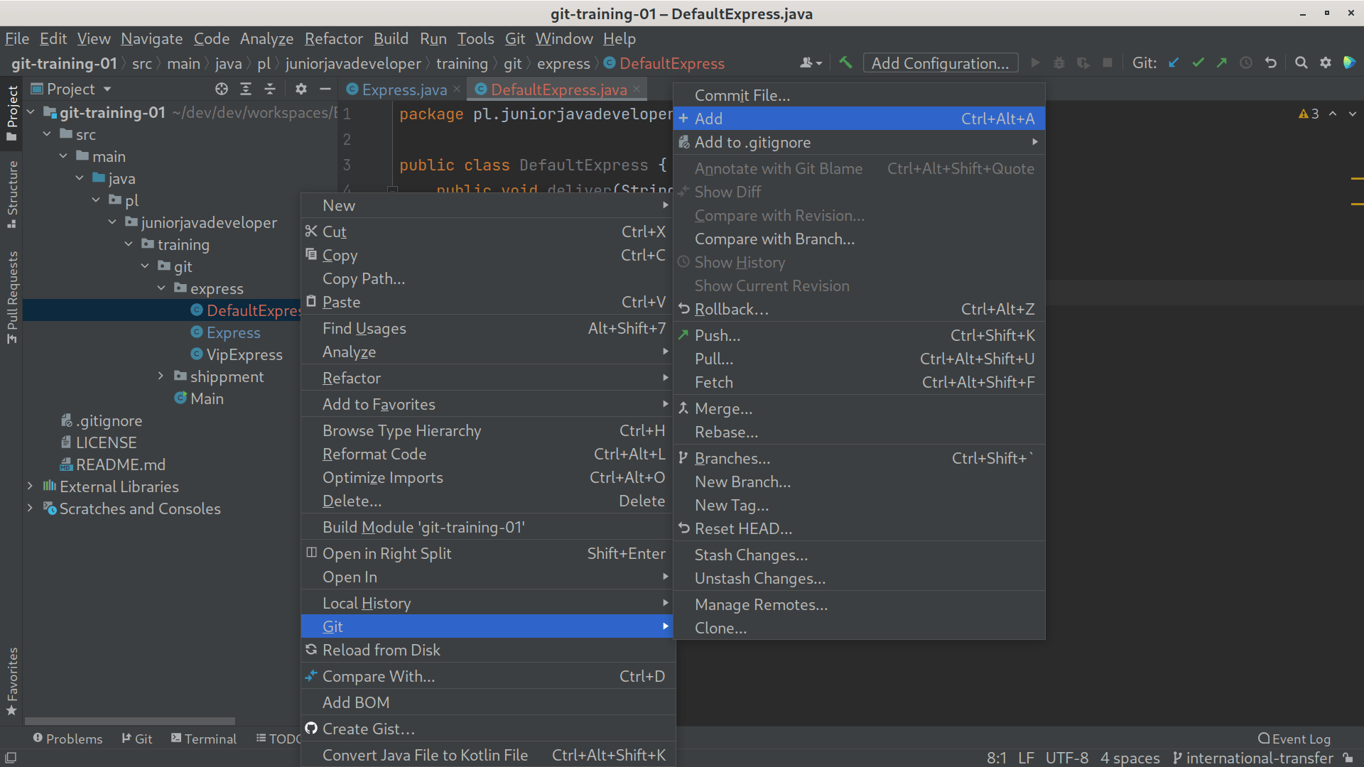 git intellij changes